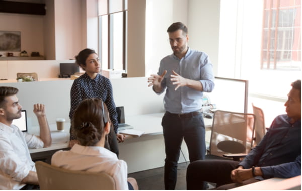 Business man team leader talk to diverse business