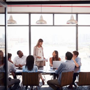 Woman standing at a meeting in a business boardroom