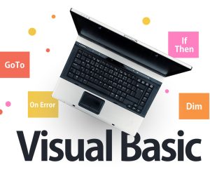 Visual Basic programming language. Laptop on words Visual Basic