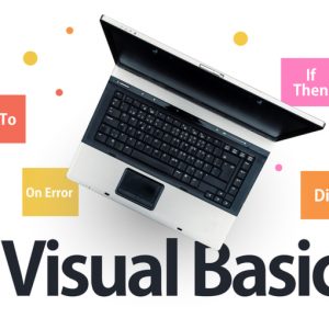 Visual Basic programming language. Laptop on words Visual Basic