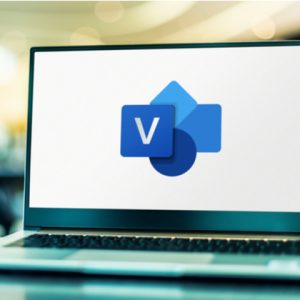 Laptop computer displaying logo of Microsoft Visio